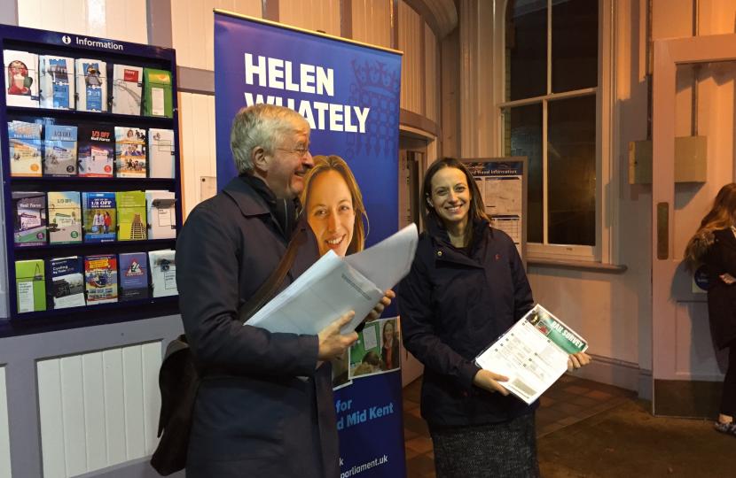 Helen Whately at Faversham station handing out her rail survey