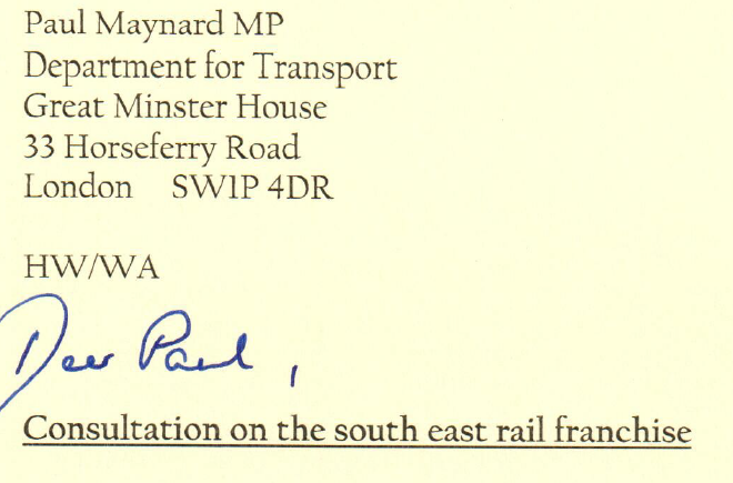 Helen Whately writes a letter to Paul Maynard the Rail Minister