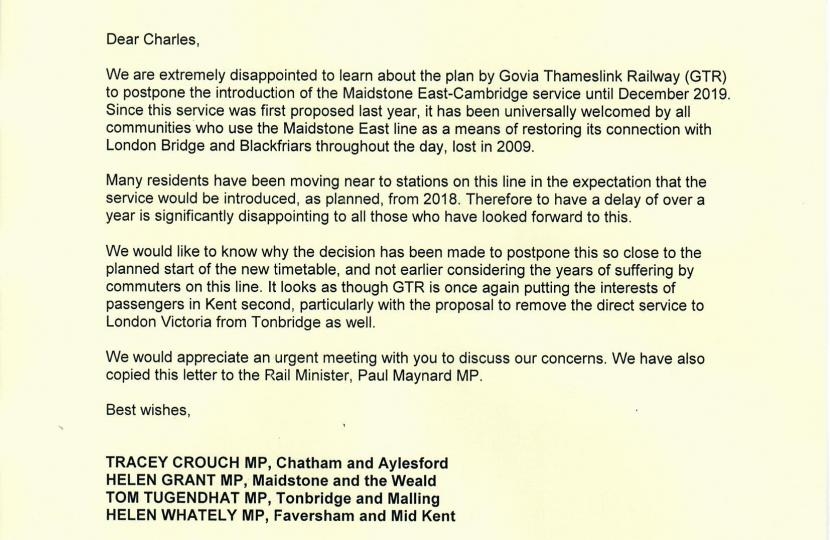 Helen Whately and other Kent MPs write to GTR to criticise delays to Thameslink