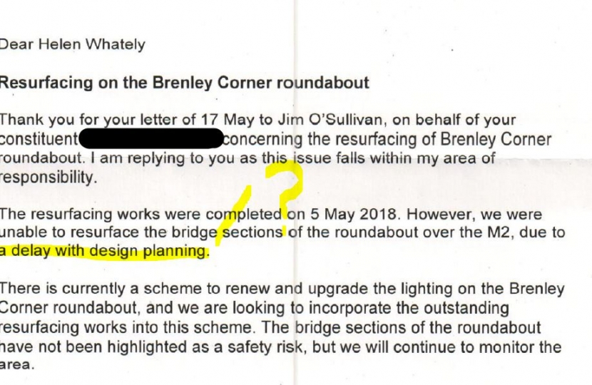 Brenley Corner letter from Highways England