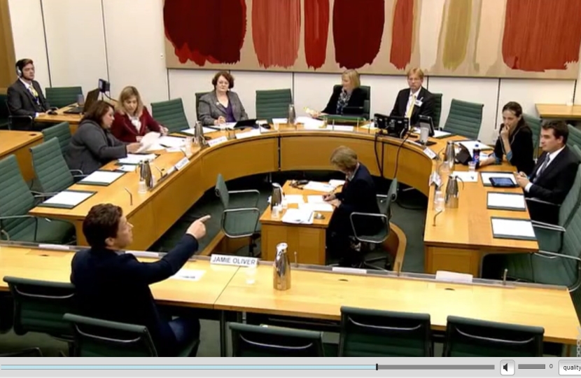 Helen Whately at a Health Select Committee meeting with Jamie Oliver