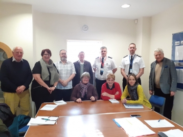 Helen with police and local councillors in Headcorn Village Hall